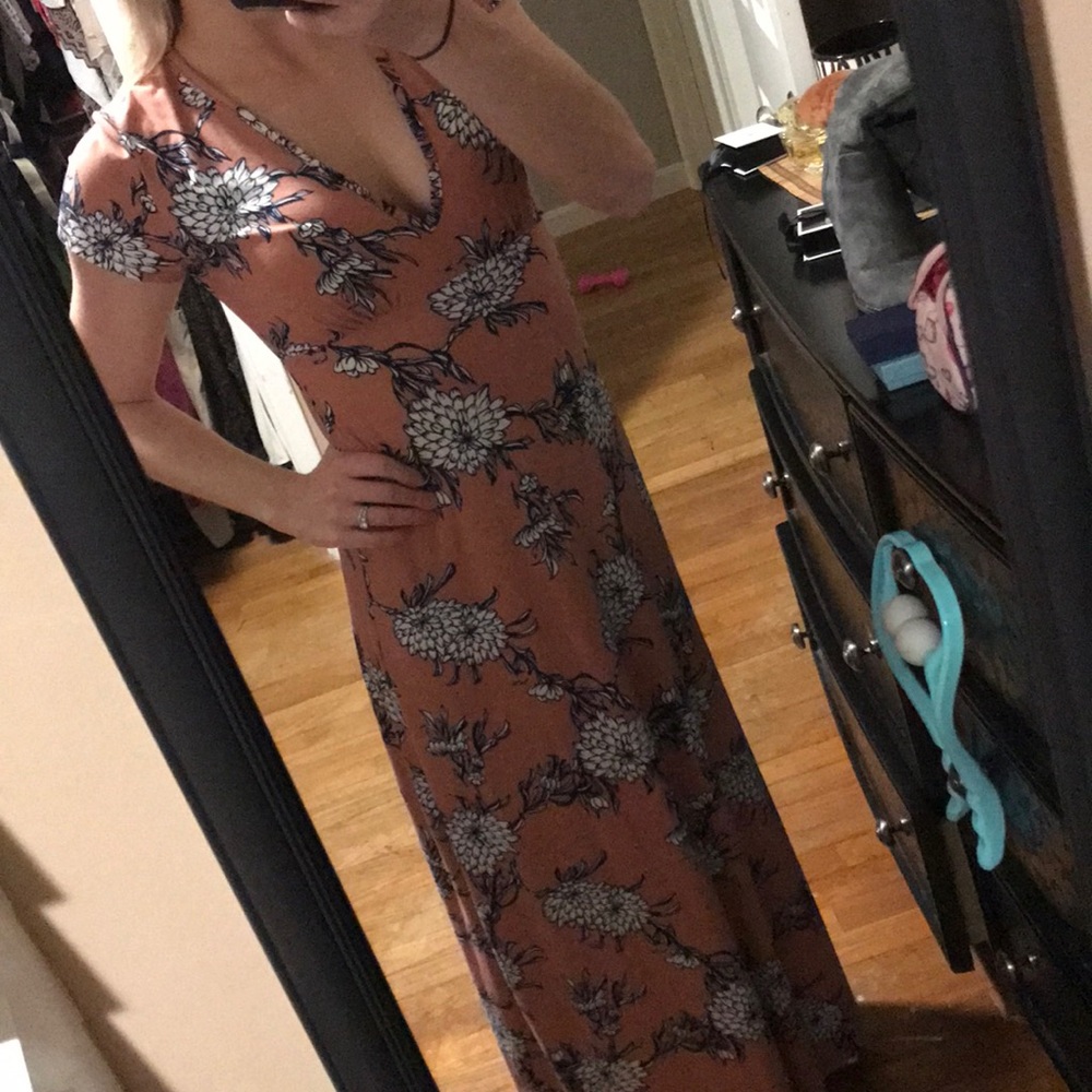 Pink and navy blue floral maxi dress